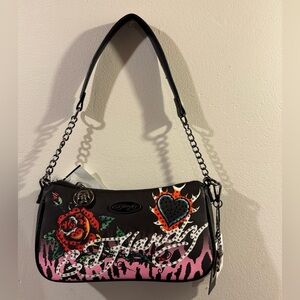 Ed Hardy shoulder crossbody Bag flaming heart and roses NWT